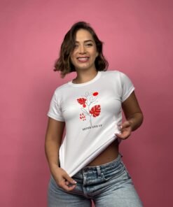 camiseta hojas rojas blanco -1202399